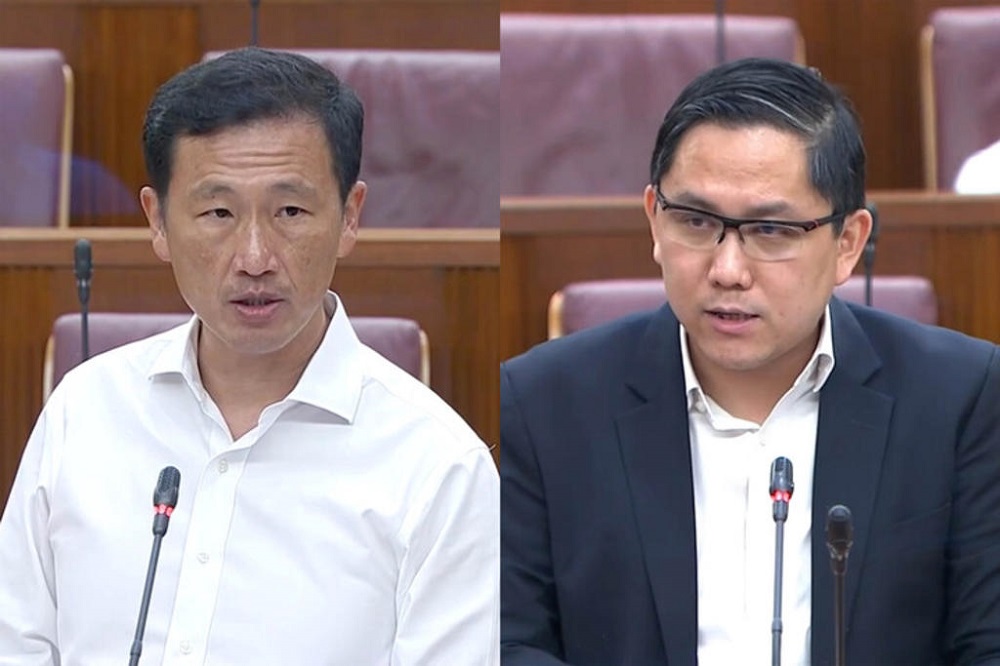 Singapore Health Minister Ong Ye Kung (left) and Member of Parliament Alex Yam (right) debating about making Covid-19 vaccination compulsory. u00e2u20acu201d Singapore parliament screen capture via TODAY