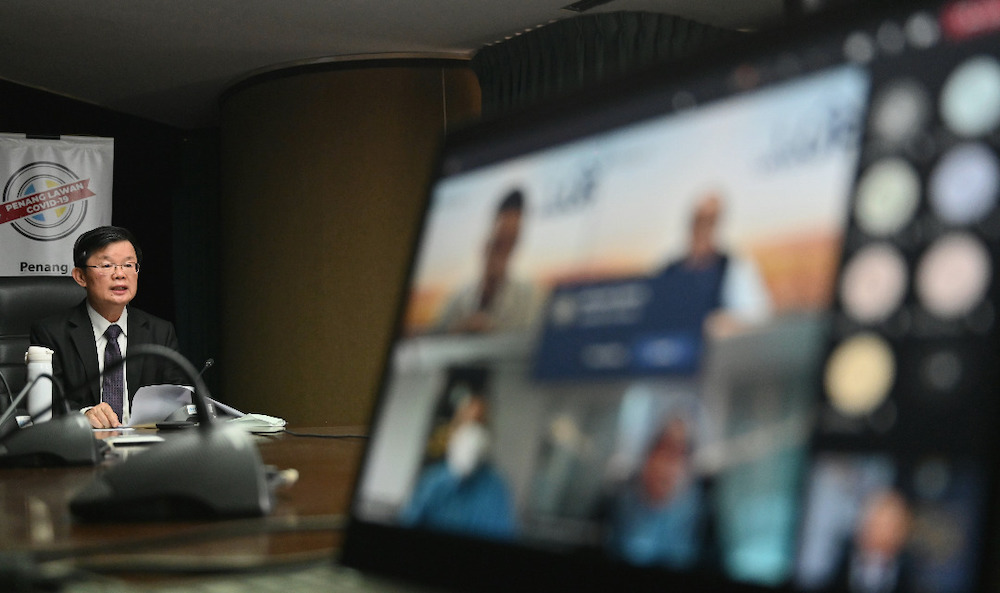 Penang Chief Minister Chow Kon Yeow at the virtual press conference today. — Picture courtesy of Penang Chief Minister's office