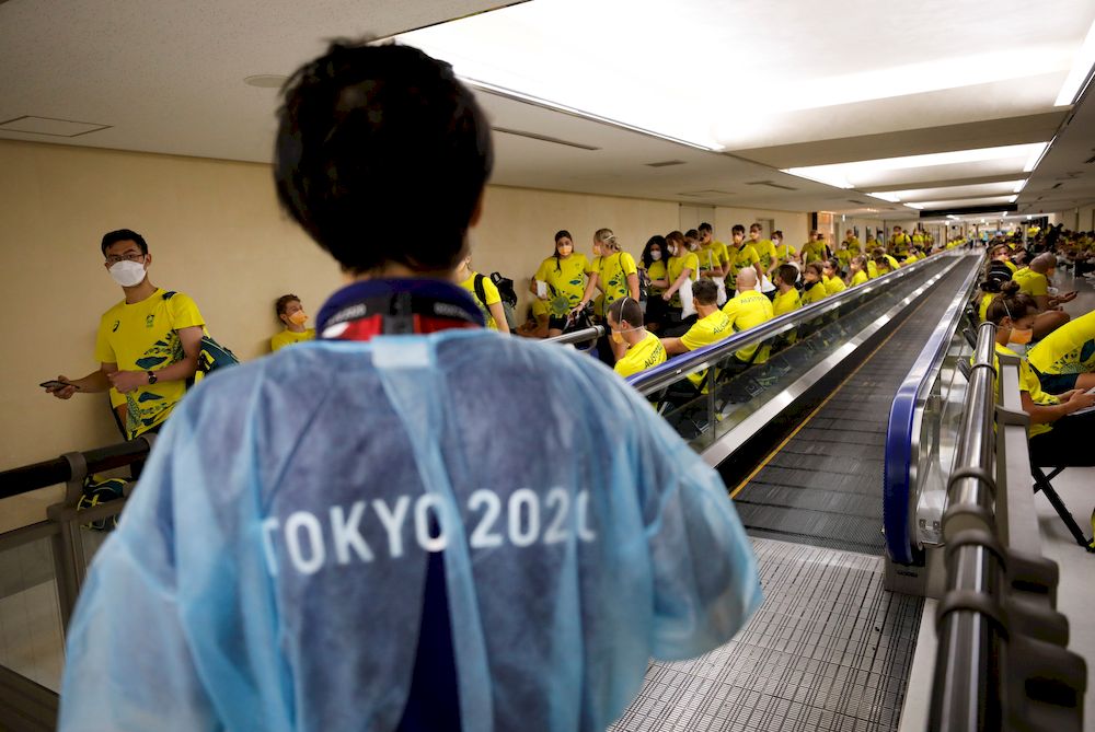 Members of Australian team wait to take the quantitative coronavirus disease (Covid-19) antigen test after arriving at Narita International Airport ahead of Tokyo 2020 Olympic Games, in Narita, Tokyo, July 17, 2021. u00e2u20acu201d Reuters pic