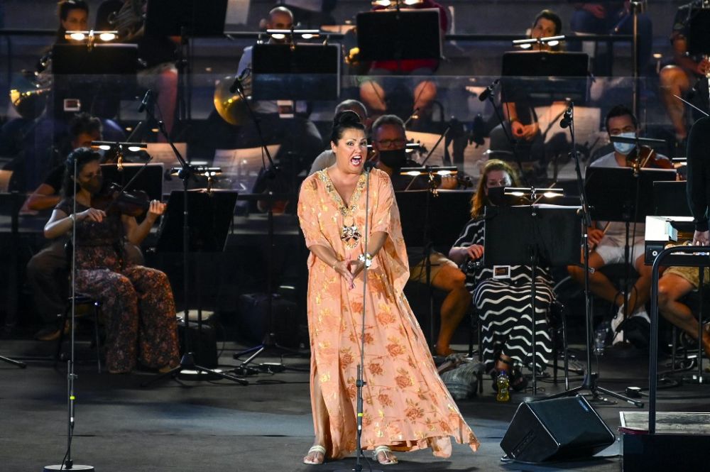 Russian opera soprano singer Anna Netrebko performs during a rehearsal at the Panathenaic Stadium in Athens on July 8, 2021. u00e2u20acu201d AFP pic