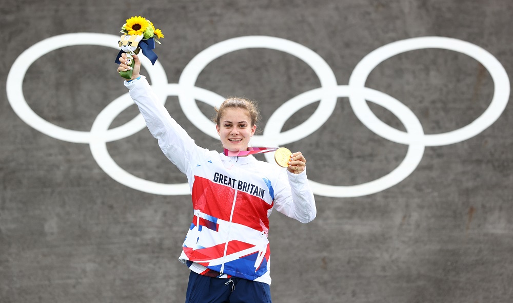 Gold medallist Bethany Shriever of Britain celebrates on the podium July 30, 2021. u00e2u20acu2022 Reuters pic