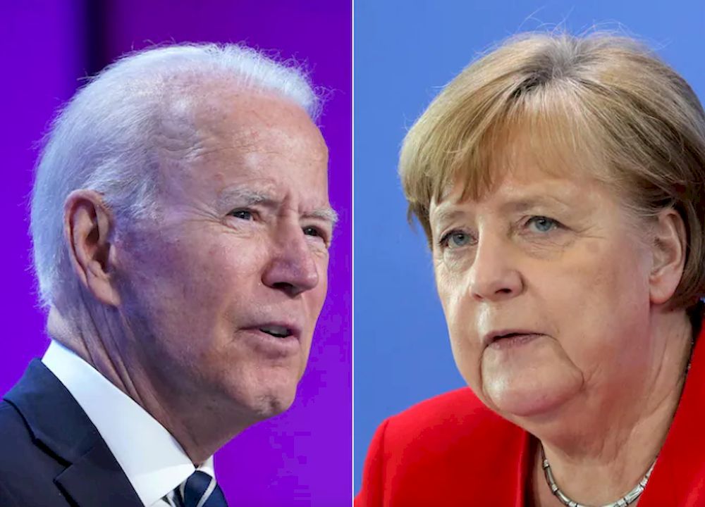 President Biden in Washington on July 2, and German Chancellor Angela Merkel in Berlin on May 6, 2020. u00e2u20acu201d AFP/Getty Images