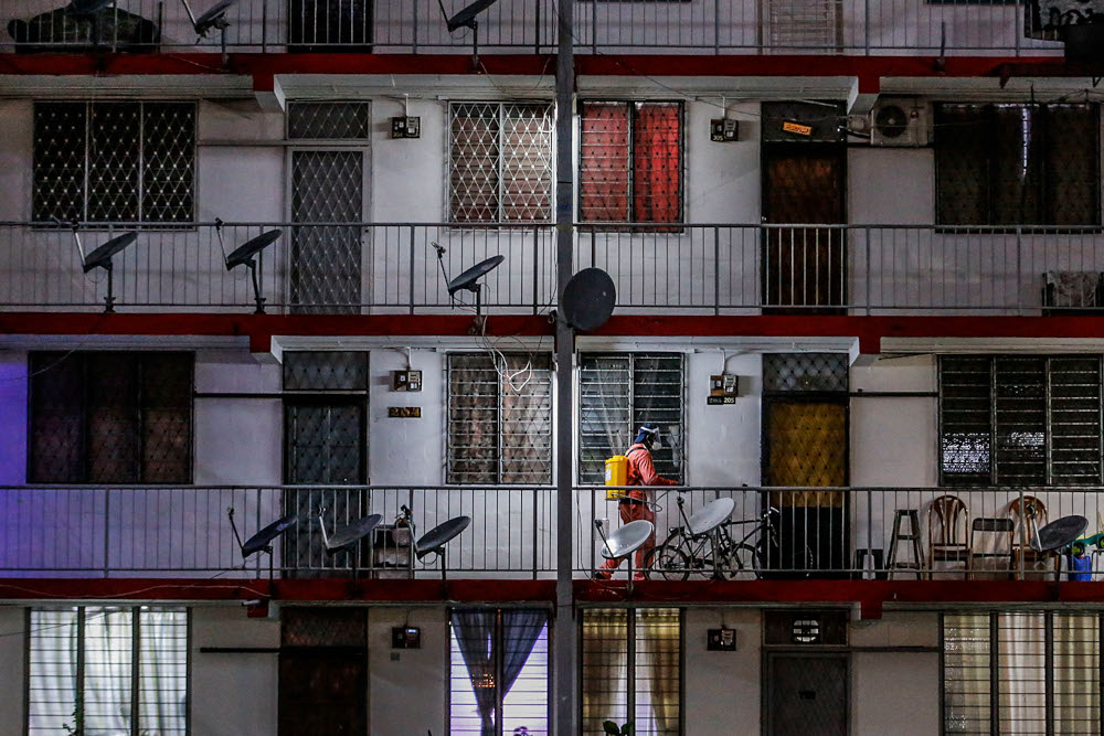 DBKL Health and Environment Department staff conduct a sanitisation operation at the Section 1 Wangsa Maju housing area and public areas, July 6, 2020. u00e2u20acu201d Picture by Hari Anggara