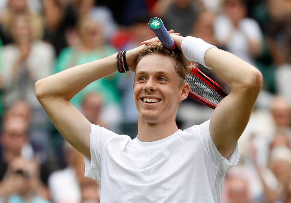 Canadau00e2u20acu2122s Denis Shapovalov celebrates winning his quarter final match against Russiau00e2u20acu2122s Karen Khachanov at Wimbledon, London, July 7, 2021. u00e2u20acu201d Reuters picnn