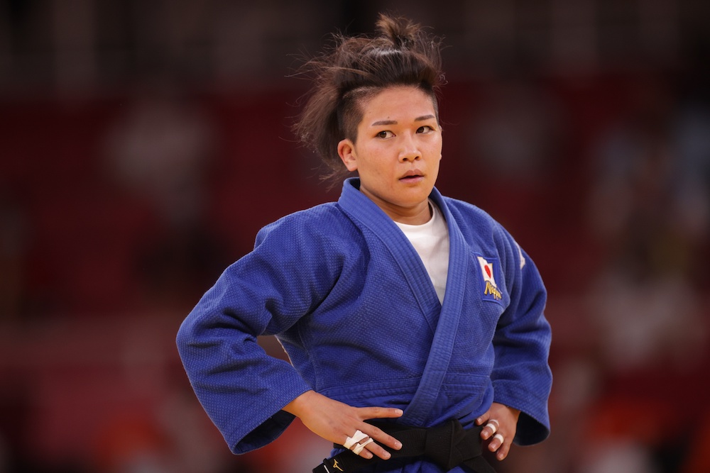 Funa Tonaki of Japan reacts after winning the Womenu00e2u20acu2122s 48kg Judo semifinal at the Nippon Budokan in Tokyo, July 24, 2021. u00e2u20acu201d Reuters picnn