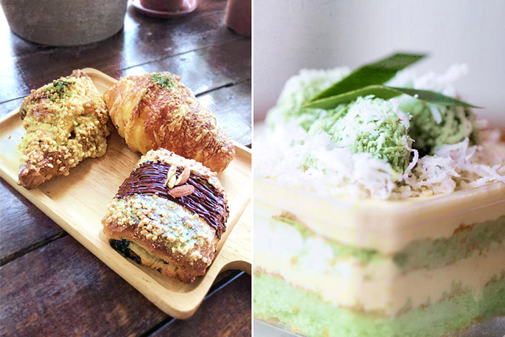 Some of Ground’s popular pastries (left) and their 'ondeh-ondeh' cake (right).