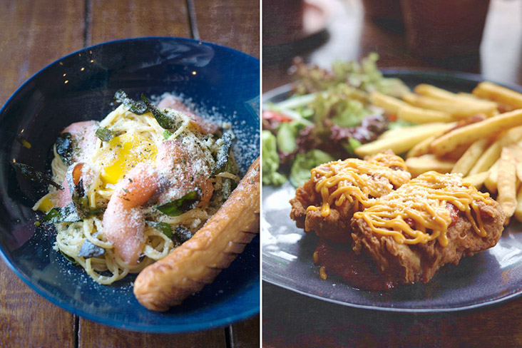 Pasta (left) and Chicken Parmigiana (right).