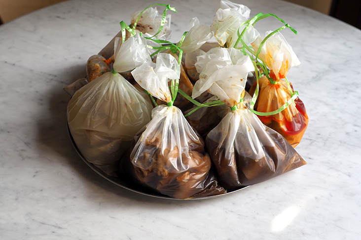 Your takeaway is packed in various bags with an aromatic ginger and chilli dip