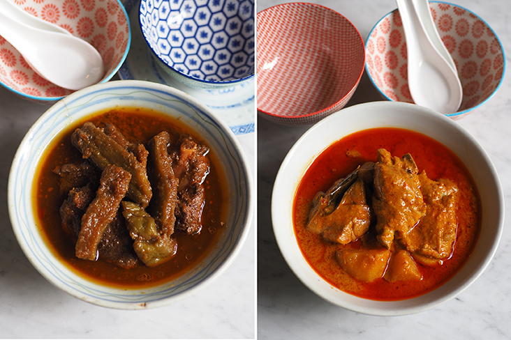 Their bitter gourd is braised until tender with meaty pork ribs (left). Curry chicken with potatoes is rich with coconut milk and fragrant with the spices (right)