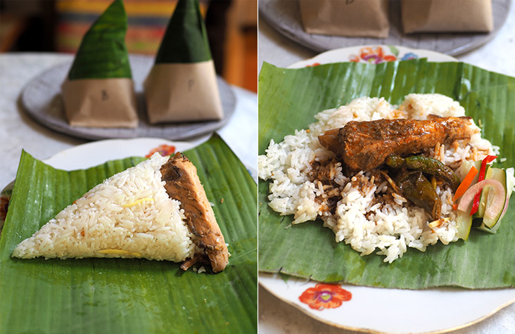  'Nasi dagang' unwrapped is served in a cone shape with the fish at the bottom (left). Pour the 'gulai' on the fish and mix it up with the rice and 'acar' for a satisfying breakfast (right).