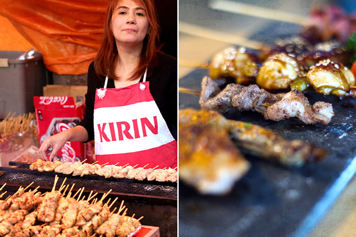 Hot from the smoky grill: 'yakitori' or grilled chicken on skewers.