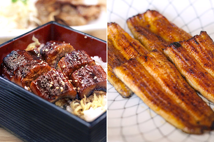 Unadon, eel brushed with a sweet and savoury sauce atop rice (left), and 'unaju', fillets of higher grade eel in a 'jubako' box (right).