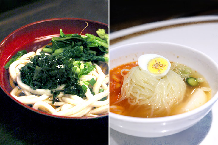 'Zaru udon' or cold wheat noodles (left). Morioka 'reimen', cold noodles topped with kimchi, cucumber and a hard boiled egg (right).