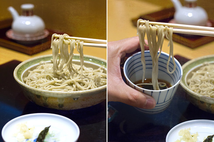 Enjoy 'zaru soba' by dipping these buckwheat noodles in a 'dashi' based sauce.