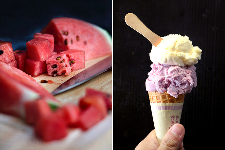 Cool off with a slice of watermelon (left) or creamy ice cream (right).