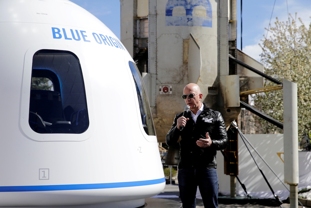 Amazon and Blue Origin founder Jeff Bezos addresses the media about the New Shepard rocket booster and Crew Capsule mockup at the 33rd Space Symposium in Colorado Springs, Colorado, United States April 5, 2017. u00e2u20acu201d Reuters picnnnn