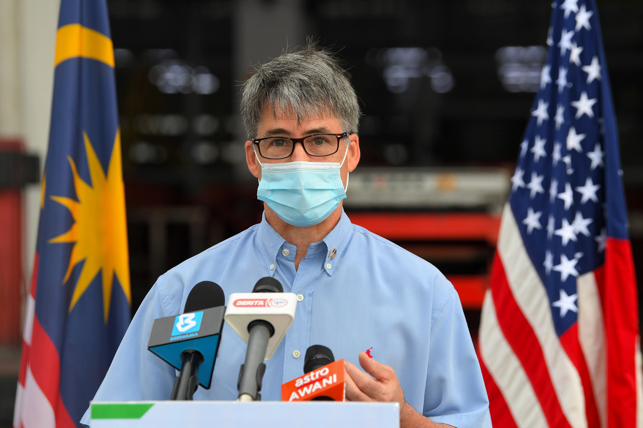 File picture shows United States Ambassador to Malaysia Brian Mcfeeters at a press conference after welcoming the arrival of one million doses of Pfizer-BioNTech vaccine donated by the United States at Raya Complex, Subang, July 5, 2021. u00e2u20acu201d Bernama pic