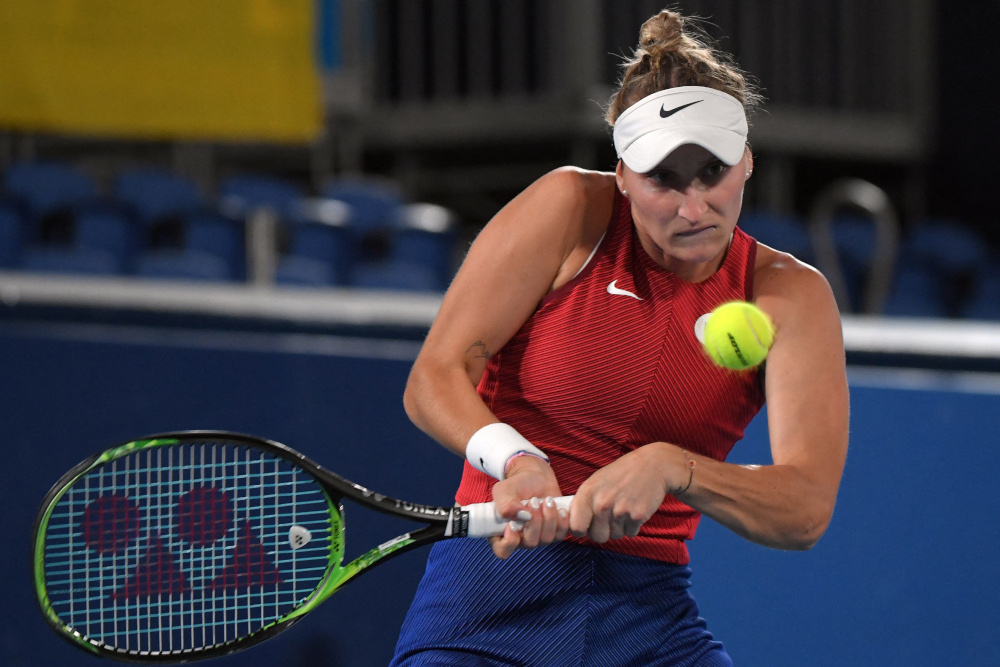 Czech Republicu00e2u20acu2122s Marketa Vondrousova reacts as she competes against Ukraineu00e2u20acu2122s Elina Svitolina during their Tokyo 2020 Olympic Games womenu00e2u20acu2122s singles semifinal tennis match at the Ariake Tennis Park in Tokyo July 29, 2021. u00e2u20acu201d AFP picnn