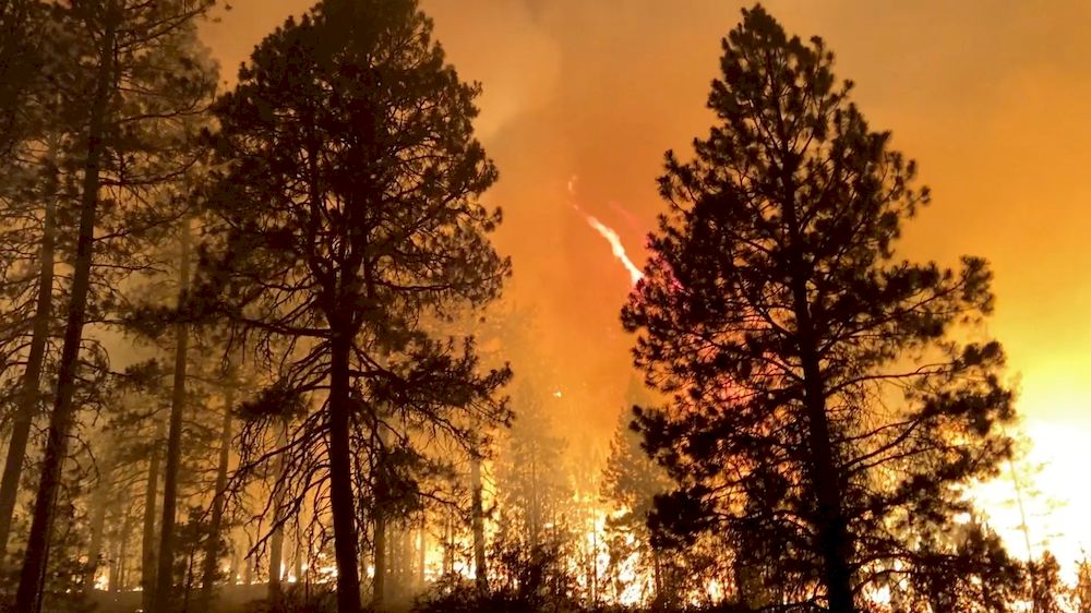 The Bootleg Fire rages across central Oregon state, in Klamath County, Oregon in this July 13, 2021 picture obtained from social media. u00e2u20acu201d Oregon State Fire Marshal via Reuters