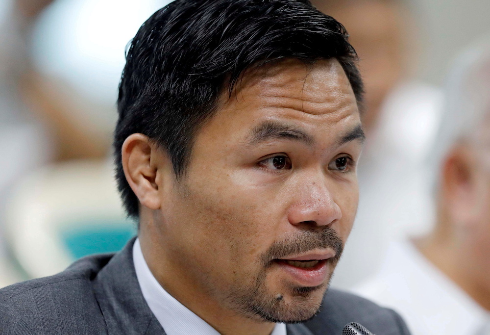 Philippine Senator and boxer Manny Pacquiao speaks during the Congressional confirmation hearing of Environment Secretary Regina Lopez at the Senate in Manila, Philippines May 2, 2017. u00e2u20acu201d Reuters picnn