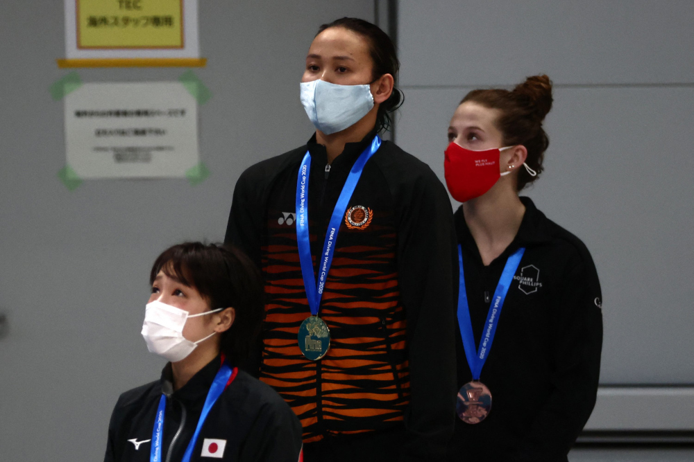 Pandelela is seen on the podium after winning the womenu00e2u20acu2122s 10m platform final at the Fina Diving World Cup and test event for the Tokyo 2020 Olympic Games, at the Tokyo Aquatics Centre on May 5, 2021. u00e2u20acu201d AFP pic