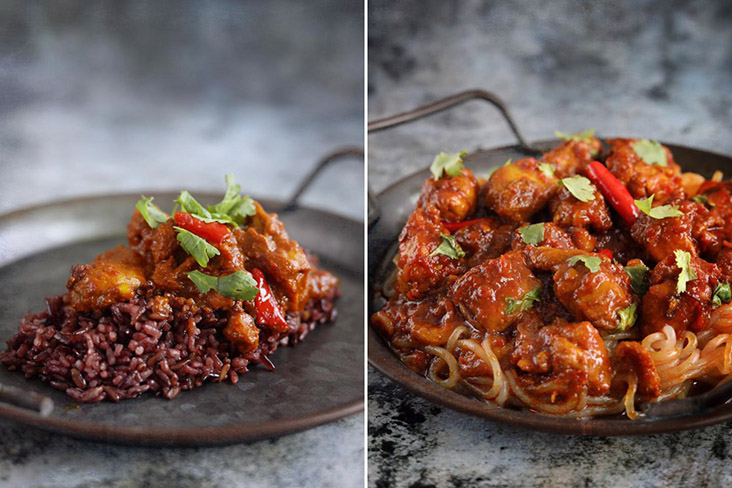 Two other ways of serving: with Japanese 'shirataki' noodles or with Thai riceberry grains.