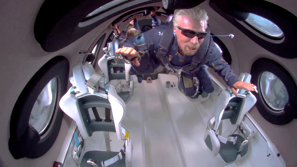 Billionaire Richard Branson floats in zero gravity on board Virgin Galactic’s passenger rocket plane VSS Unity after reaching the edge of space above Spaceport America near Truth or Consequences, New Mexico, US July 11, 2021 in a still image from video.