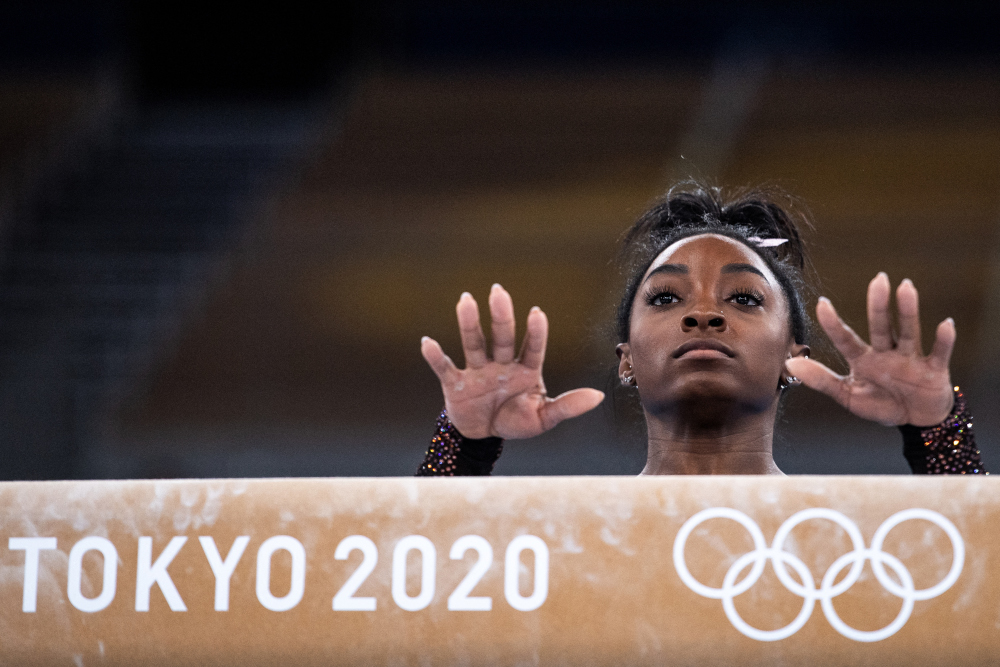 US gymnast Simone Biles prepares to practice on the balance beam during a training session at the Ariake Gymnastics Centre in Tokyo on July 22, 2021, on the eve of the start of the Tokyo 2020 Olympic Games. u00e2u20acu201d AFP pic 