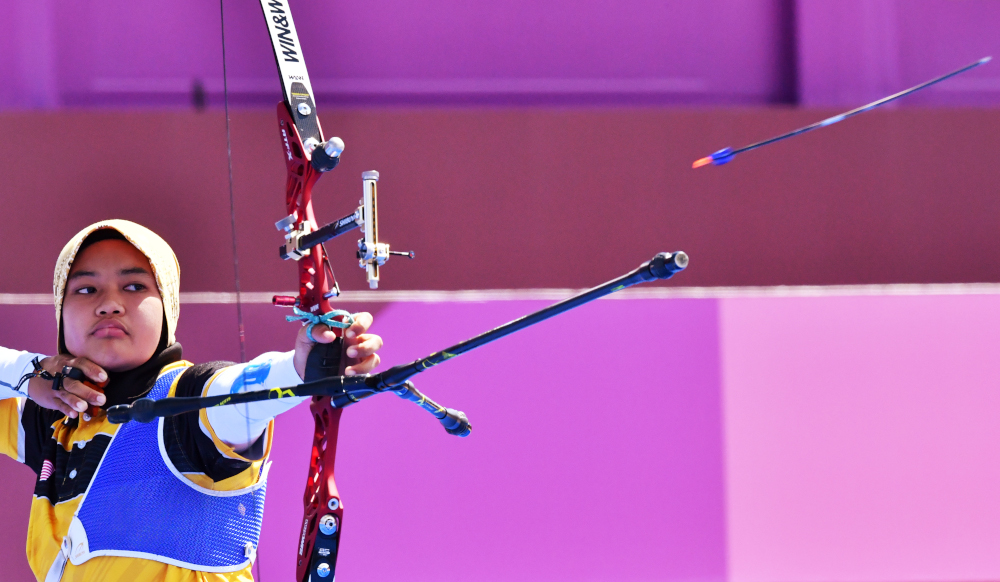 Syaqiera Mashayikh of Malaysia in action during the womenu00e2u20acu2122s individual 1/32 finals at the Yumenoshima Archery Field, Tokyo, July 27, 2021. u00e2u20acu201d Reuters pic  