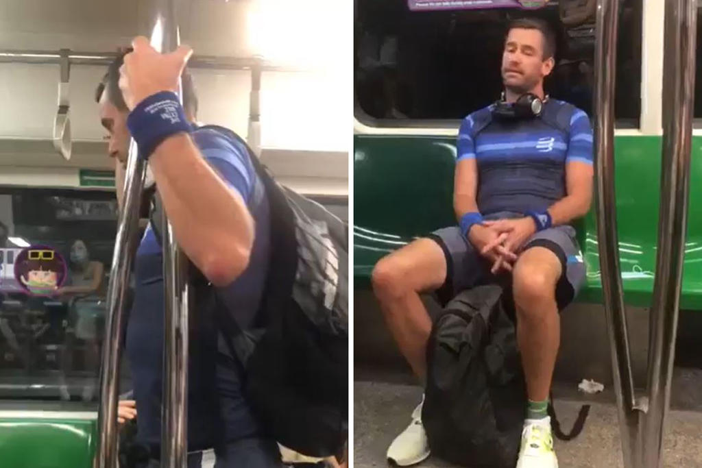Screenshots taken from a video of a man who kept talking on the train while not wearing a mask. u00e2u20acu2022 Picture via Keefe Chan/Facebook