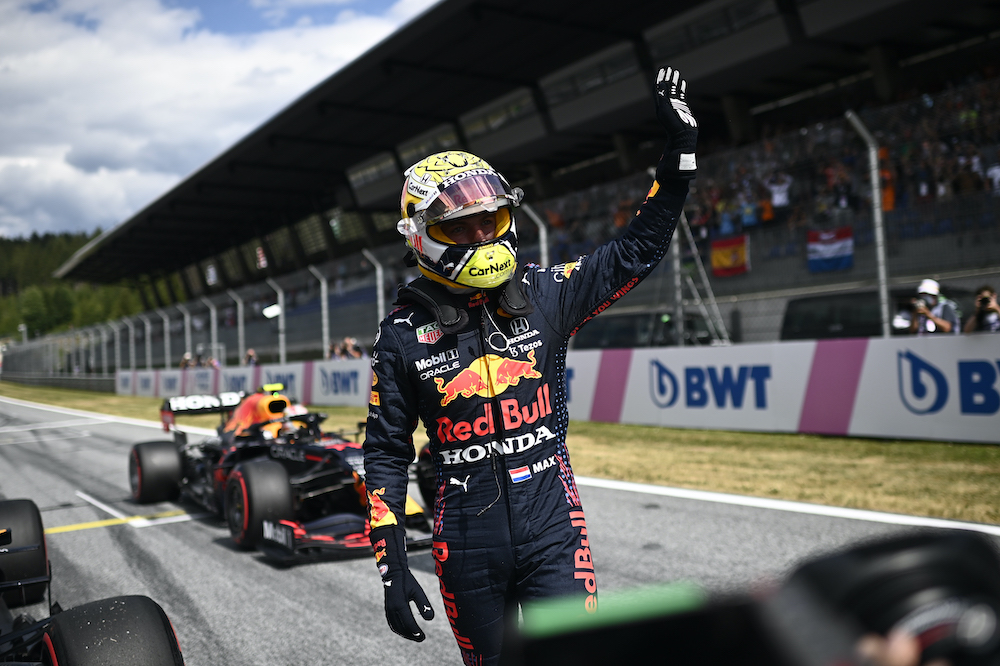 Red Bullu00e2u20acu2122s Max Verstappen celebrates after qualifying in pole position in the Austrian Grand Prix at the Red Bull Ring in Spielberg, Austria, July 3, 2021. u00e2u20acu201d Reuters picnnn