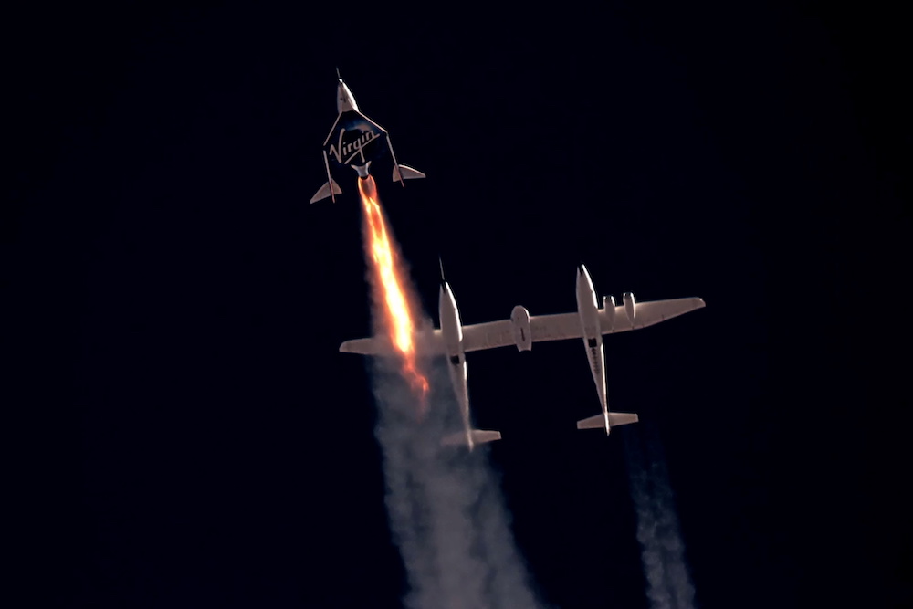 Virgin Galacticu00e2u20acu2122s passenger rocket plane VSS Unity, carrying Richard Branson and crew, begins its ascent to the edge of space above Spaceport America near Truth or Consequences, New Mexico, US July 11, 2021 in a still image from video. u00e2u20acu201d Reuters pic