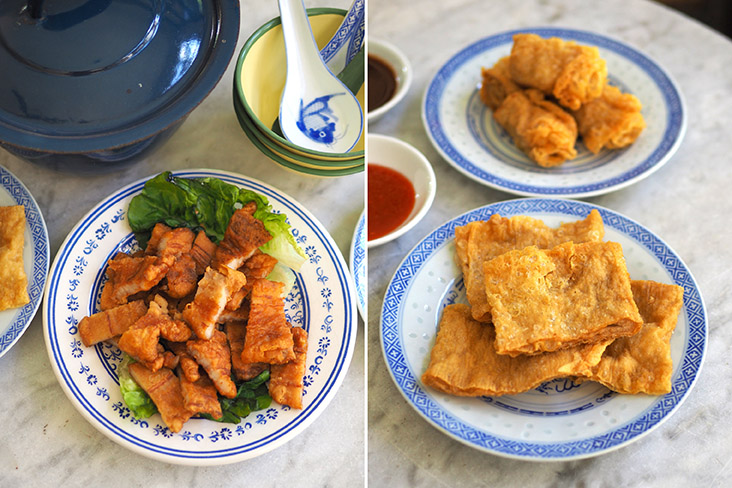 Be careful! This fried pork belly is addictive (left). Crunch down on these fried 'foo chuk' whether it's the flat or rolled version (right)