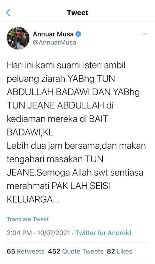 A screenshot of Annuar Musa’s tweet on visiting Pak Lah. — Picture via Twitter