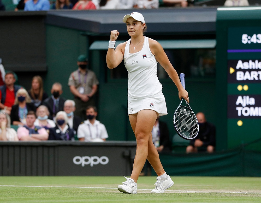 Australia's Ashleigh Barty reacts after wining her quarter final match against Australia's Ajla Tomljanovic at Wimbledon July 7, 2021. u00e2u20acu2022 Reuters pic