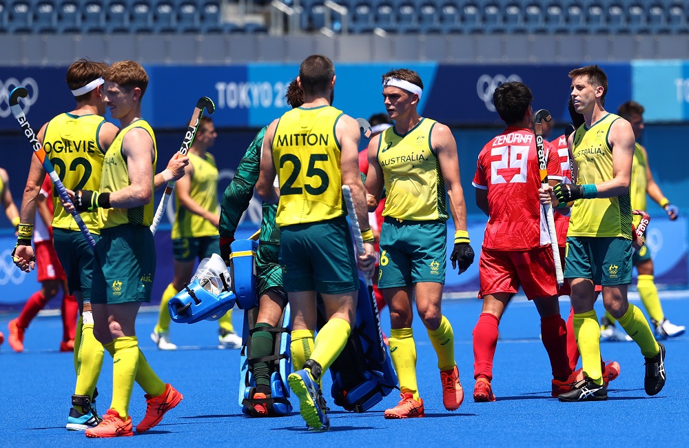Australiau00e2u20acu2122s hockey menu00e2u20acu2122s team react at the end of the match against Japan, June 24, 2021. u00e2u20acu2022 Reuters pic