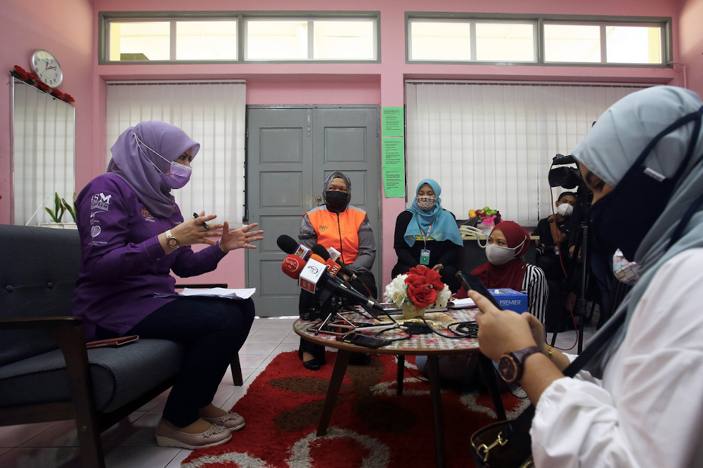 Women, Family and Community Development Minister Datuk Seri Rina Mohd Harun (left) speaks to reporters during a visit to a childrenu00e2u20acu2122s home, Rumah Kanak-Kanak Rembau, in Kuala Lumpur July 17, 2021. u00e2u20acu201d Bernama pic