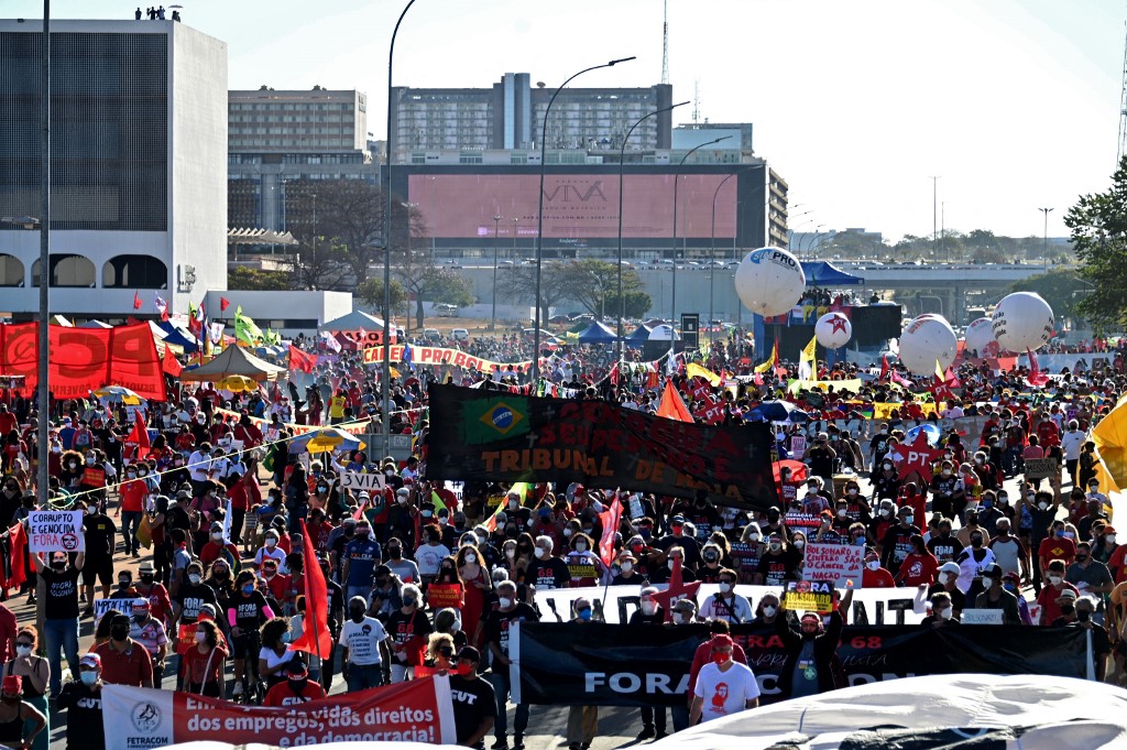 Demonstrators take part in a protest against the government of Brazilian President Jair Bolsonaro at the Esplanede of Ministries in Brasilia, on July 24, 2021. u00e2u20acu201d AFP pic