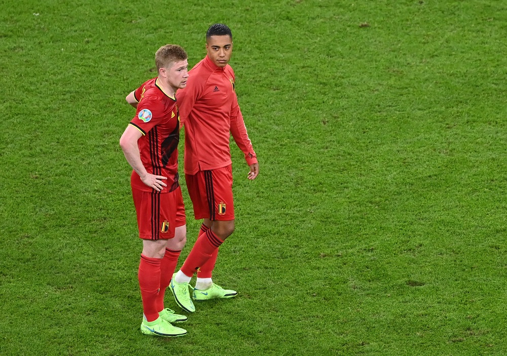 Belgium's Kevin De Bruyne and Youri Tielemans look dejected after the match against Italy July 3, 2021. u00e2u20acu2022 Pool via Reuters/Stuart Franklin
