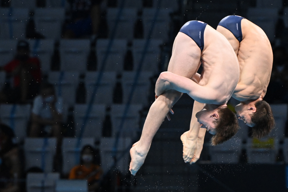 Britainu00e2u20acu2122s Thomas Daley and Britainu00e2u20acu2122s Matty Lee compete to take gold in the menu00e2u20acu2122s synchronised 10m platform diving final event during the Tokyo 2020 Olympic Games at the Tokyo Aquatics Centre in Tokyo July 26, 2021. u00e2u20acu201d AFP picnn