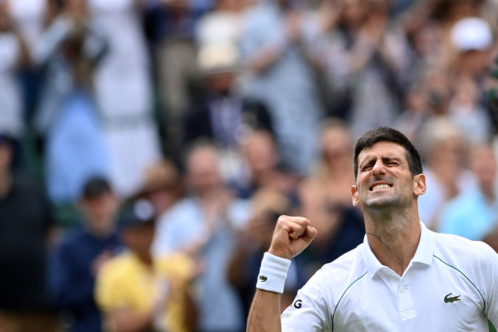 Novak Djokovic celebrates winning against Cristian Garin during their menu00e2u20acu2122s singles fourth round match on the seventh day of the 2021 Wimbledon Championships at The All England Tennis Club in Wimbledon, July 5, 2021. u00e2u20acu201d AFP pic