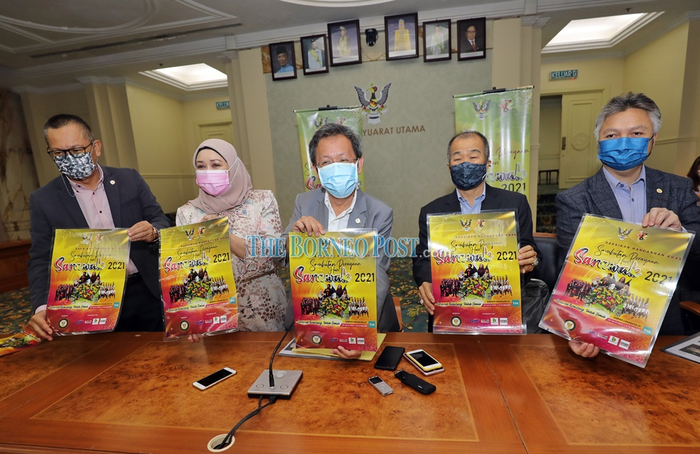 (From left) Saidol, Sharifah, Dr Sim, Naroden and Snowdan posing with the Sarawak Day 2021 celebration poster at the press conference at Wisma Bapa Malaysia. u00e2u20acu201d Borneo Post Online pic