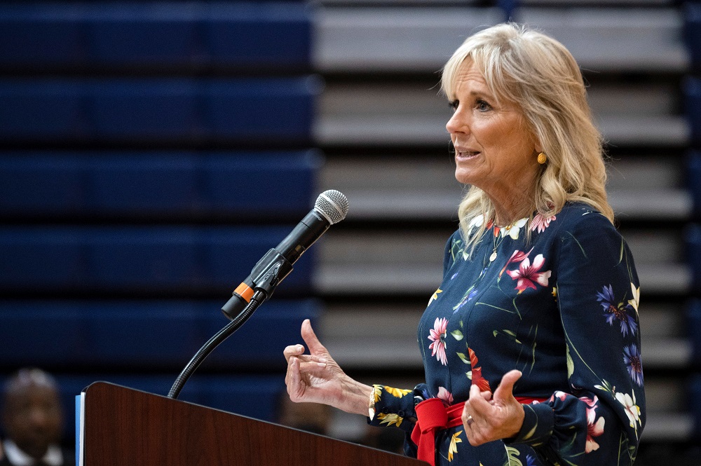 US first lady Jill Biden speaks at a vaccination facility at Alfred E. Beach High School in Savannah, Georgia, US July 8, 2021. u00e2u20acu2022 Jim Watson/Pool via Reuters
