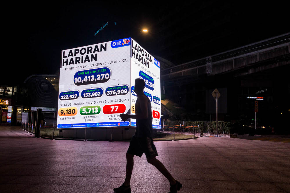 A pedestrian walks past a digital screen displaying the new daily record of Covid-19 cases in Kuala Lumpur July 9, 2021. u00e2u20acu201d Picture by Firdaus Latif
