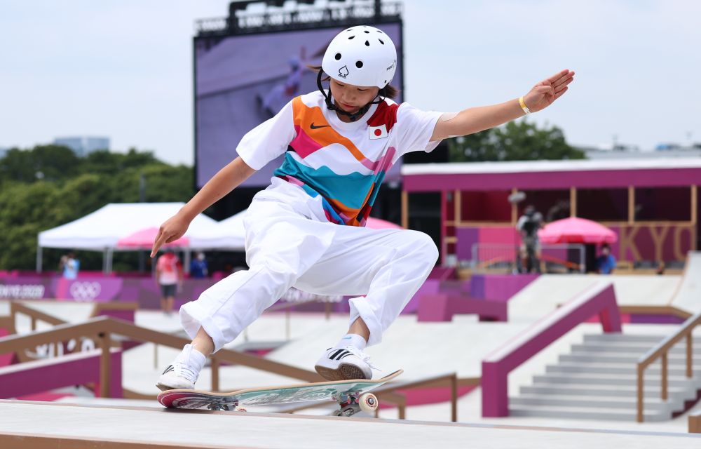 Momiji Nishiya of Japan in action during the womenu00e2u20acu2122s street skateboarding event at the Ariake Urban Sports Park, Tokyo July 26, 2021. u00e2u20acu201d Reuters pic