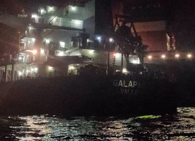 A view of the tanker, MV Galapagos, which collided with a cargo ship, MV Zephyr Lumos, at 14.1 nautical miles southwest of the Sungai Muar estuary July 11, 2021. u00e2u20acu201d Picture via Twitter/Bernama