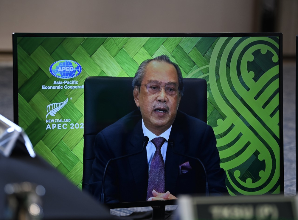 Prime Minister Tan Sri Muhyiddin Yassin delivering his speech at the Asia Pacific Economic Cooperation (Apec) Informal Leadersu00e2u20acu2122 Retreat chaired by New Zealand Prime Minister Jacinda Ardern, in Kuala Lumpur, July 16, 2021. u00e2u20acu201d Bernama pic 