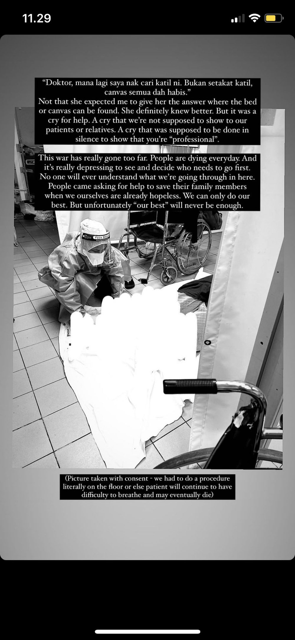 This picture taken from social media shows a health worker attending to a patient on the floor. u00e2u20acu201d Picture via Twitter/@azirasalfarina 