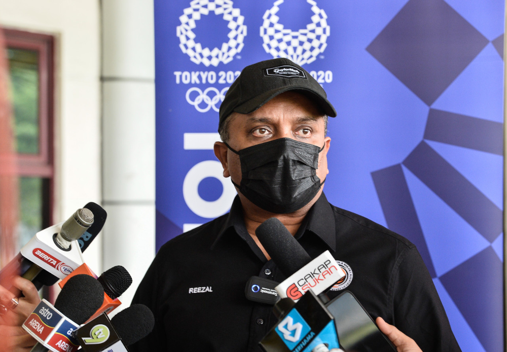Youth and Sports Minister Datuk Seri Reezal Merican Naina Merican speaks to the media after observing the athletics squads to the 2020 Tokyo Olympics and Paralympics at the National Sports Council in Kuala Lumpur, July 9, 2021. u00e2u20acu201d Bernama pic 