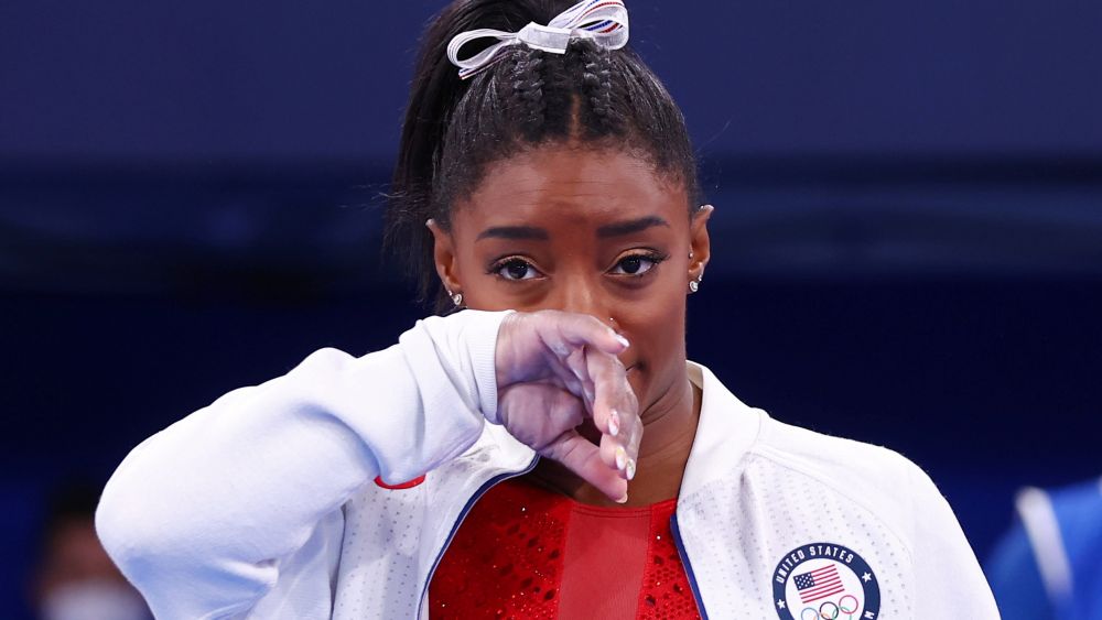 Gymnast Simone Biles of the United States during the Women's Team Final at the Ariake Gymnastics Centre, Tokyo July 27, 2021. u00e2u20acu201d Reuters picn